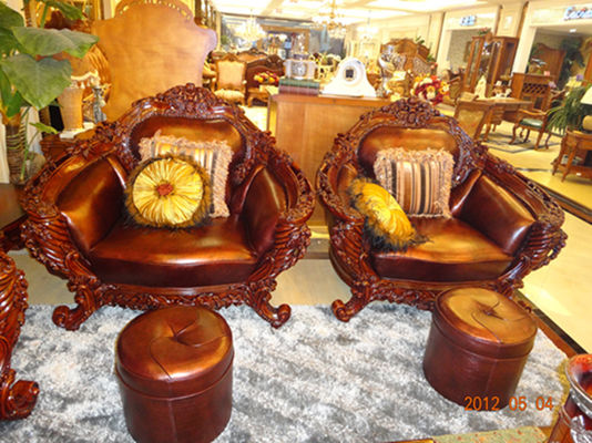 Antique Frame Chesterfield Carved Wood And Leather Sofa Set