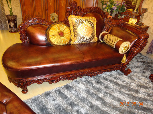 Antique Frame Chesterfield Carved Wood And Leather Sofa Set