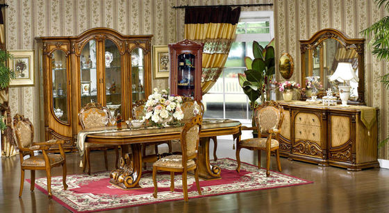 Mesa de comedor tallada de madera de Seater de la flor 6 y antigüedad europea de las sillas ISO14001