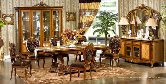 Mesa de comedor tallada de madera de Seater de la flor 6 y antigüedad europea de las sillas ISO14001