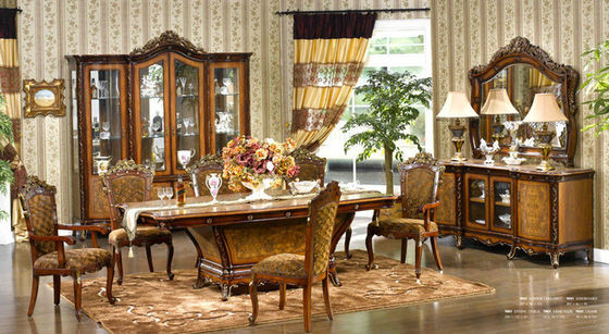 Mesa de comedor tallada de madera de Seater de la flor 6 y antigüedad europea de las sillas ISO14001