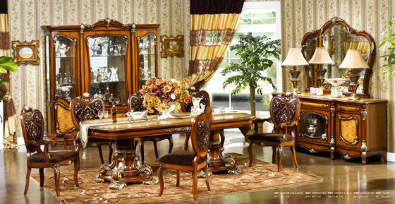Mesa de comedor tallada de madera de Seater de la flor 6 y antigüedad europea de las sillas ISO14001